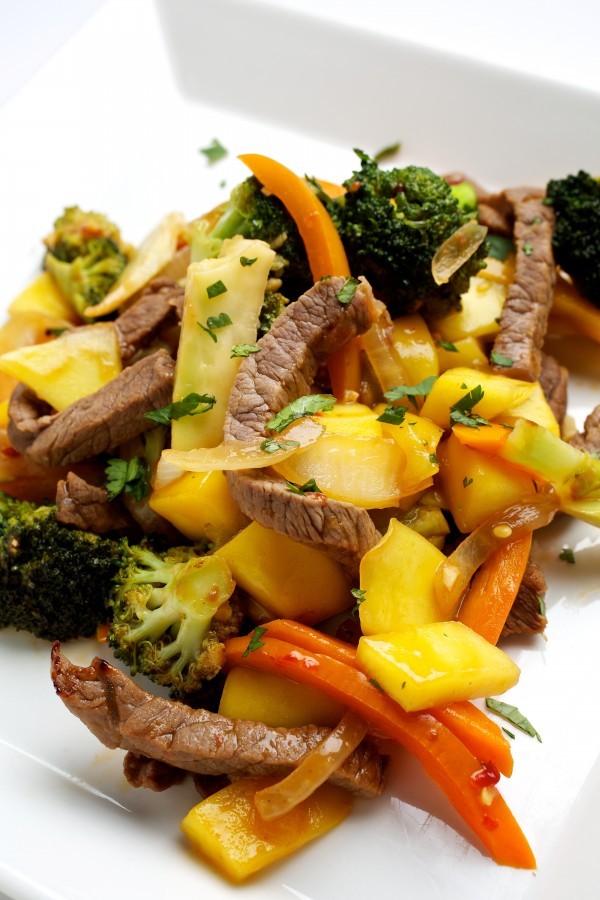 Sweet-and-sour stir-fry with beef, broccoli, and mango