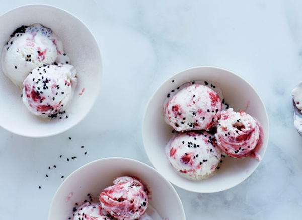Sweet and sour strawberry semifreddo with black sesame