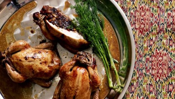 Sweet and sour stuffed spatchcock (Morgh-e tu por-e torsh-o shirin)