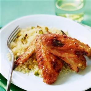 Sweet and spicy chicken wings with lemon couscous