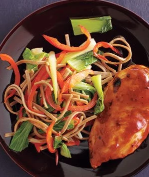 Sweet and spicy chicken with soba salad