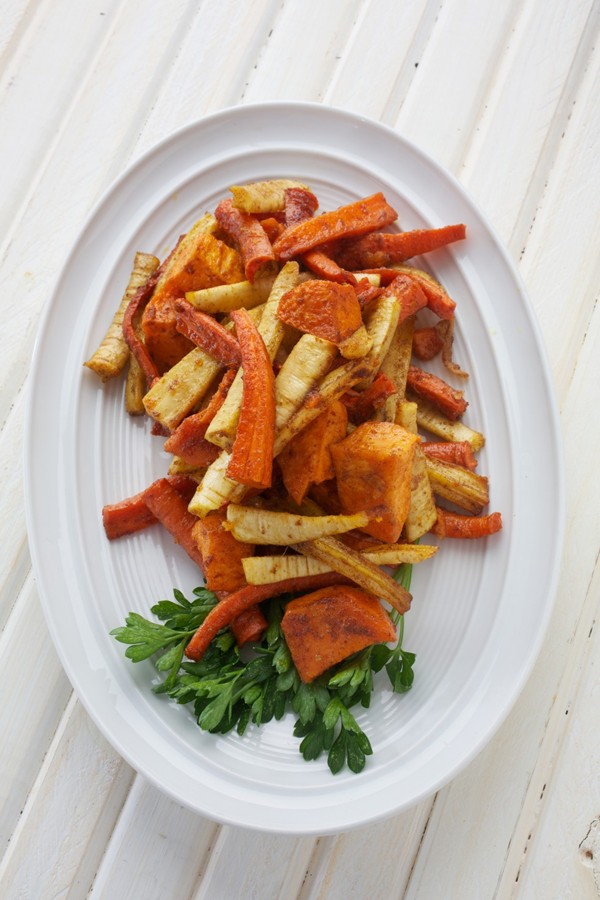 Sweet and spicy roasted root vegetables