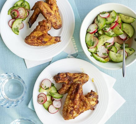 Sweet and spicy wings with summer slaw