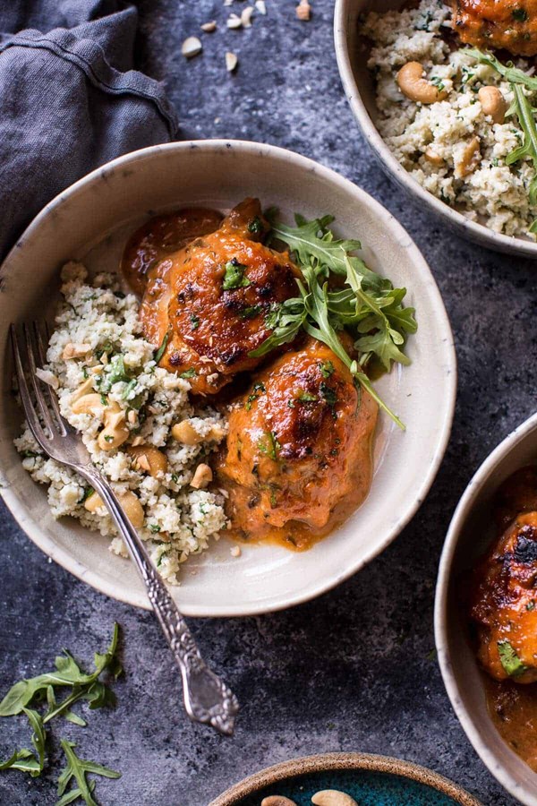 Sweet and sticky 3 ingredient apricot chicken with cauliflower rice (+ healthy red Russian dressing)