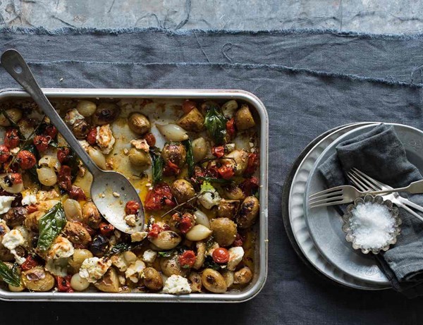 Sweet and sticky roast Jersey Royal and tomato bake
