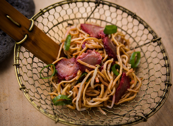 Sweet and sticky roast pork with sesame noodles