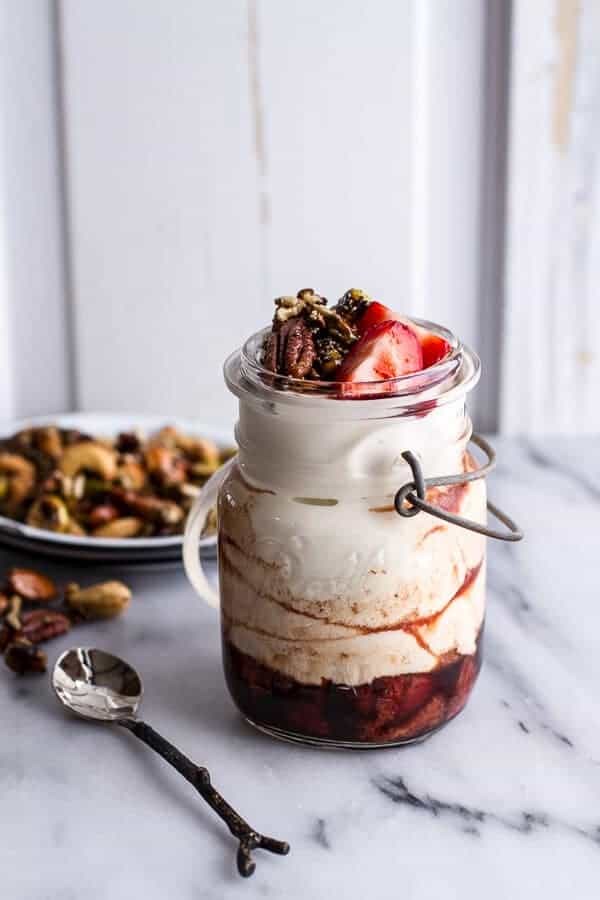 Sweet balsamic strawberries w/whipped ricotta cream and maple glazed seeded nuts
