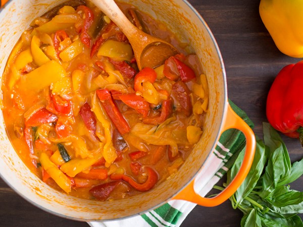 Sweet bell peppers with olive oil, onion, and tomatoes (Peperonata)