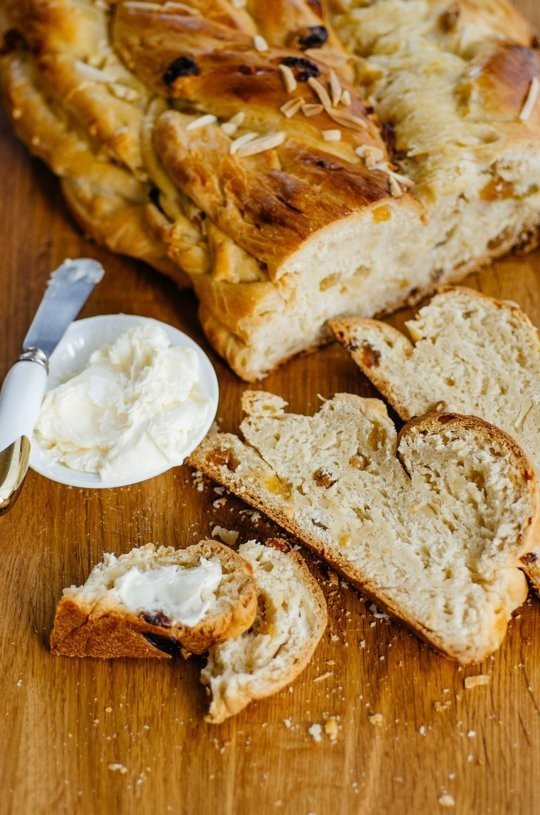 Sweet braided Czech bread with almonds & raisins