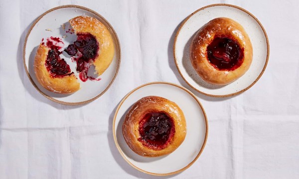 Sweet cherry and marzipan glazed buns