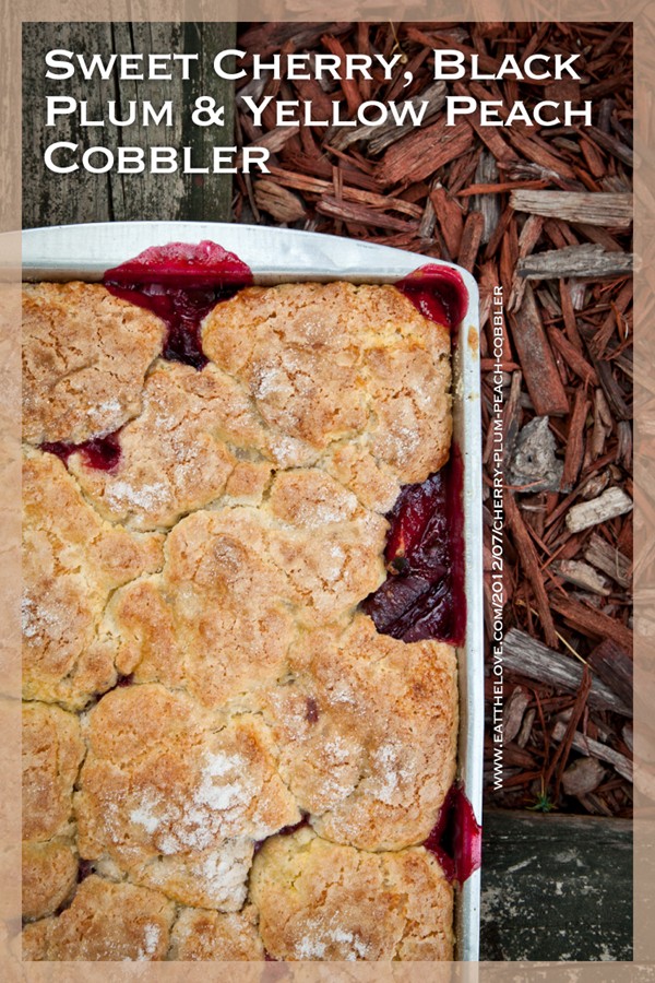 Sweet cherry, black plum and yellow peach cobbler