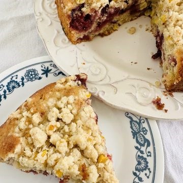 Sweet cherry corn cake with corn crumble