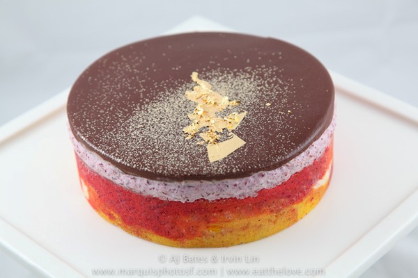 Sweet cherry mousse with ribbon sponge and chocolate ganache