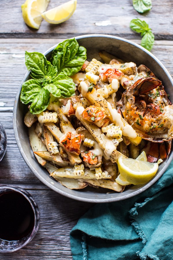 Sweet chili butter grilled lobster fries with aged Havarti cheese