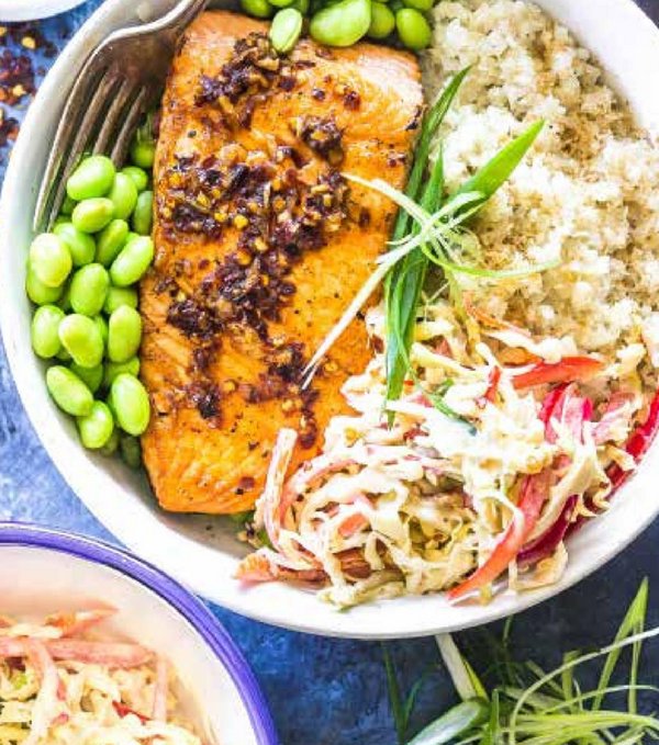 Sweet chili chicken bowls with edamame and coconut cauliflower rice