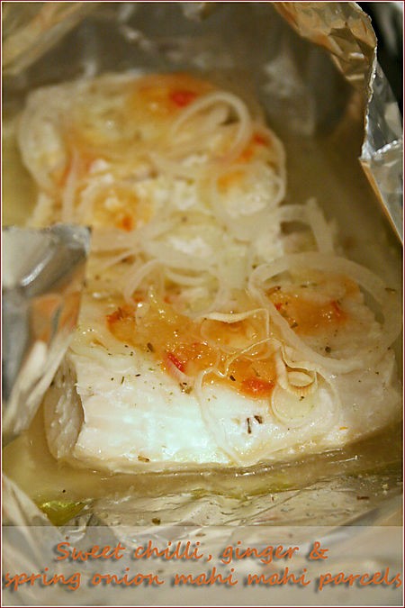 Sweet chilli, ginger and spring onion mahi-mahi parcels