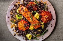 Sweet chilli salmon, blush orange & black rice with sesame and soy