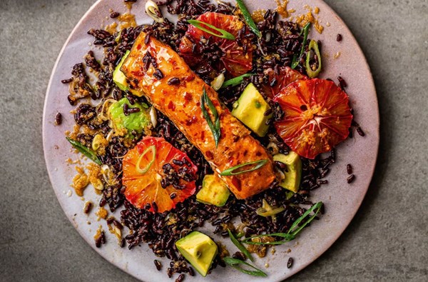 Sweet chilli salmon, blush orange & black rice with sesame and soy