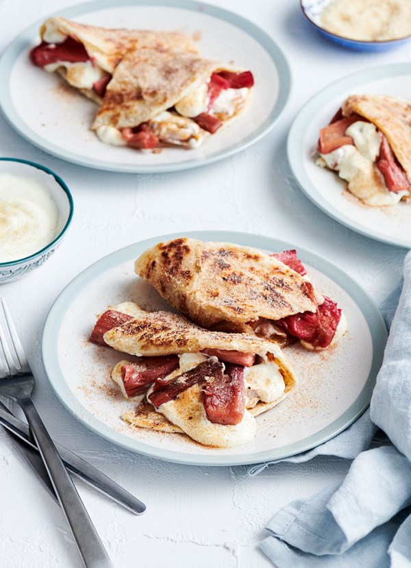 Sweet cinnamon roti with sour cream and roasted rhubarb
