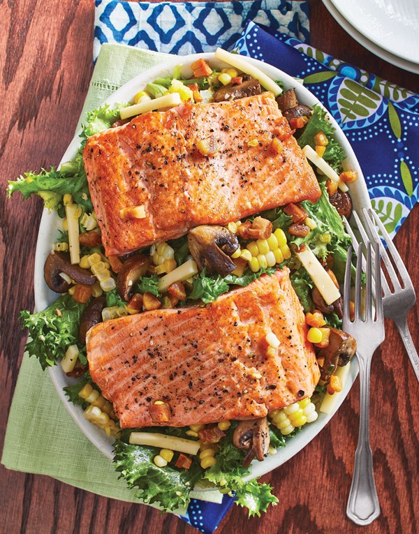 Sweet corn & pancetta salad with steelhead trout