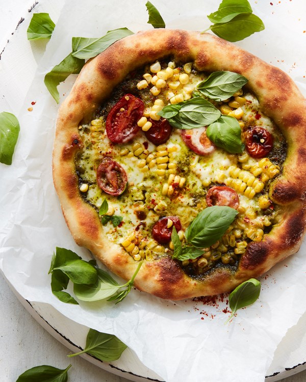 Sweet corn and basil pizza