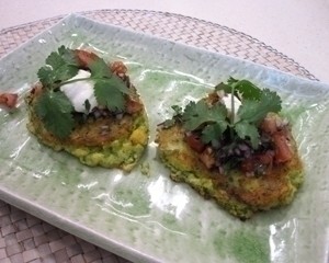 Sweet corn and coriander cakes with tomato salsa and crème fraîche 