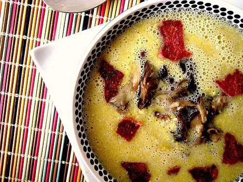 Sweet corn and wild mushroom soup