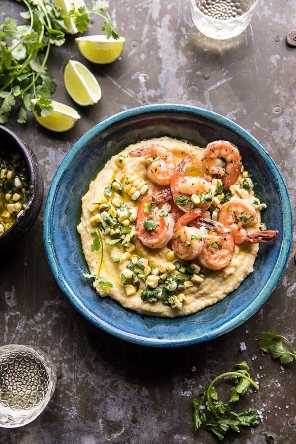 Sweet corn chimichurri butter shrimp with polenta