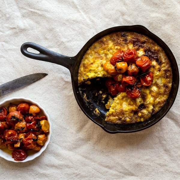 Sweet corn frittata with cherry tomato compote