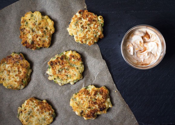 Sweet corn fritters with Sriracha-lime Greek yogurt