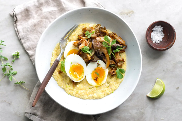 Sweet corn grits with wild mushrooms & jammy eggs