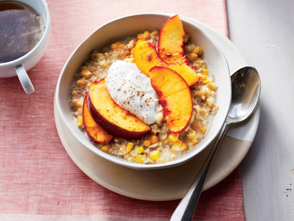 Sweet corn oatmeal with peaches