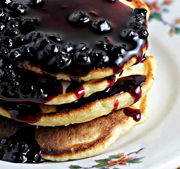 Sweet corn pancakes with blueberry balsamic sauce
