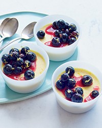 Sweet corn panna cotta with fresh blueberry compote