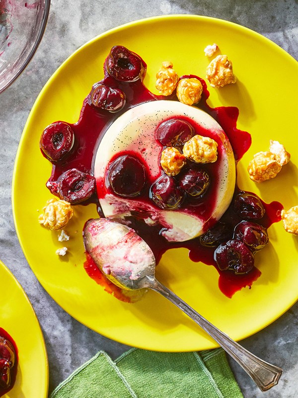 Sweet corn panna cotta with cherry-vanilla compote