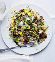 Sweet corn salad with pancetta and mushrooms