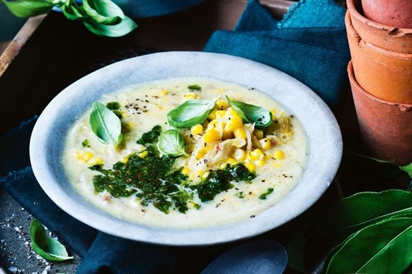 Sweet corn soup with basil, garlic & chilli butter