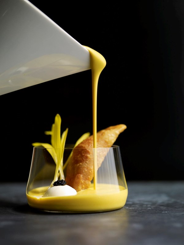 Sweet corn soup with huitlacoche quesadillas and caviar crème fraîche