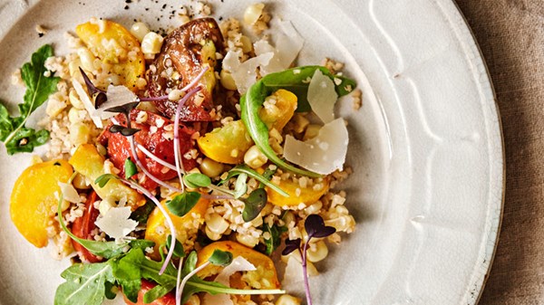 Sweet corn, zucchini, and tomatoes with bulgur