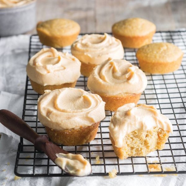 Sweet cornbread muffins with sweet potato-cream cheese frosting