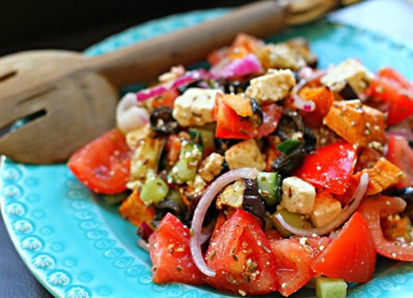 Sweet Greek salad with spiced feta