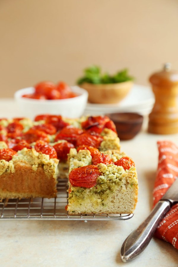 Sweet Laurel’s grain-free savory coffee cake with roasted tomatoes