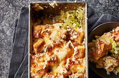 Sweet leek & Cheddar brioche pudding