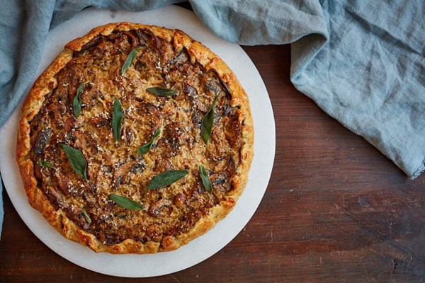 Sweet leek and mushroom open-topped pie