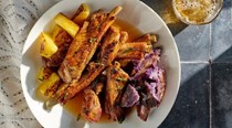 Sweet 'n' sour spare ribs with smashed purple sweet potatoes [Relle Lum]