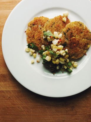 Sweet onion & corn quinoa fritters with fresh corn & basil salad