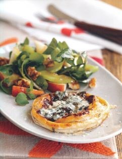 Sweet onion and dolcelatte tarts with pear and walnut salad