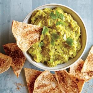 Sweet pea and avocado dip with baked pita chips