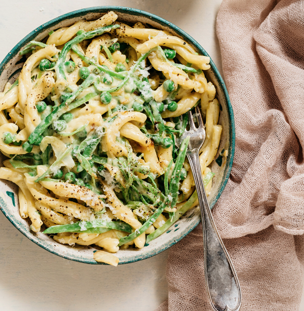 Sweet pea and spring onion carbonara with pecorino Romano