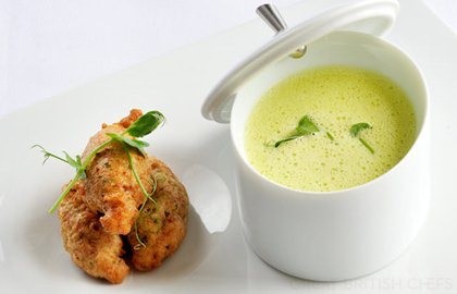 Sweet pea and toffee soup with hog’s pudding fritter